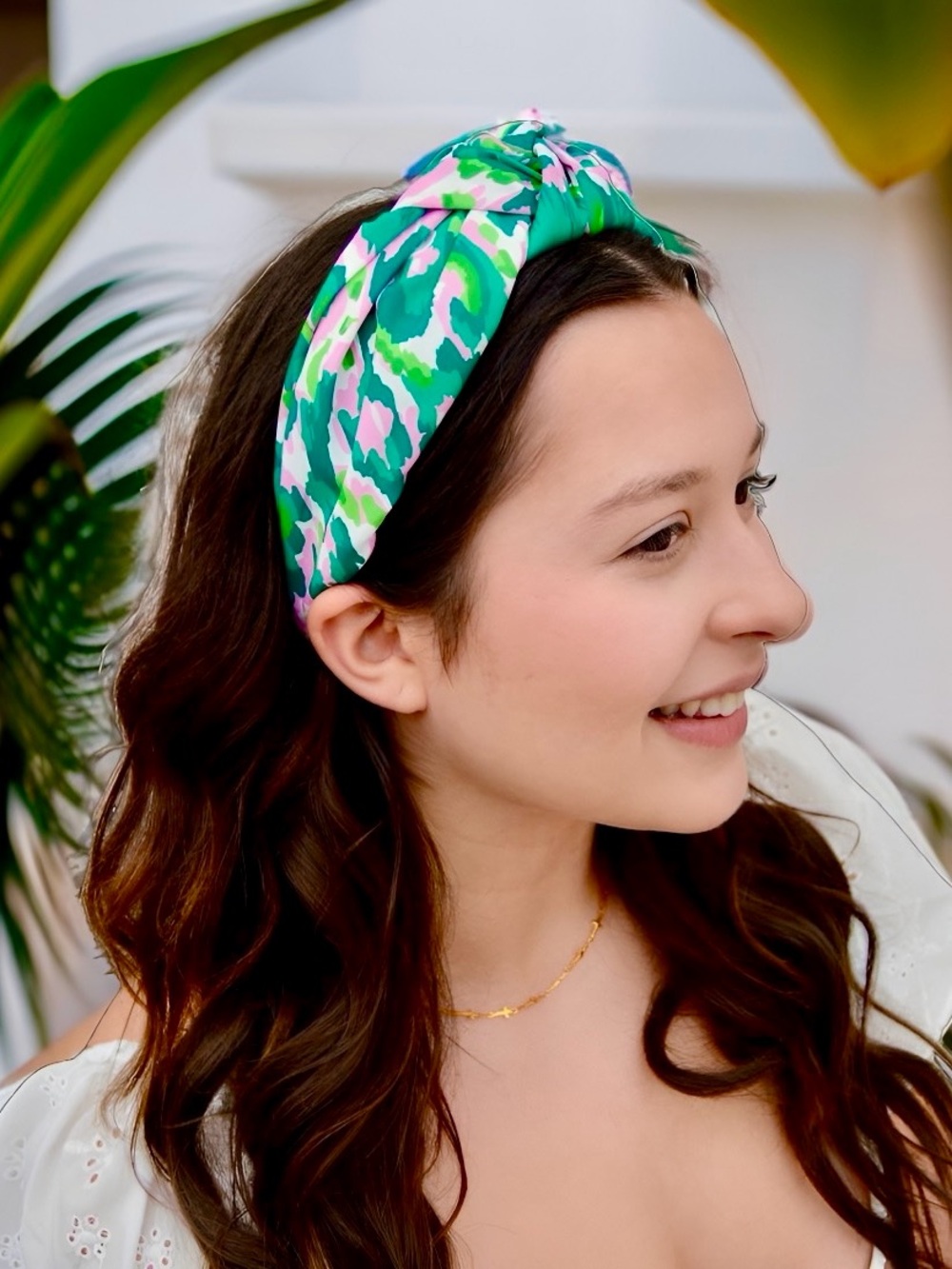 New! Floral Top Knot Headband in Green & Pink (NWT)